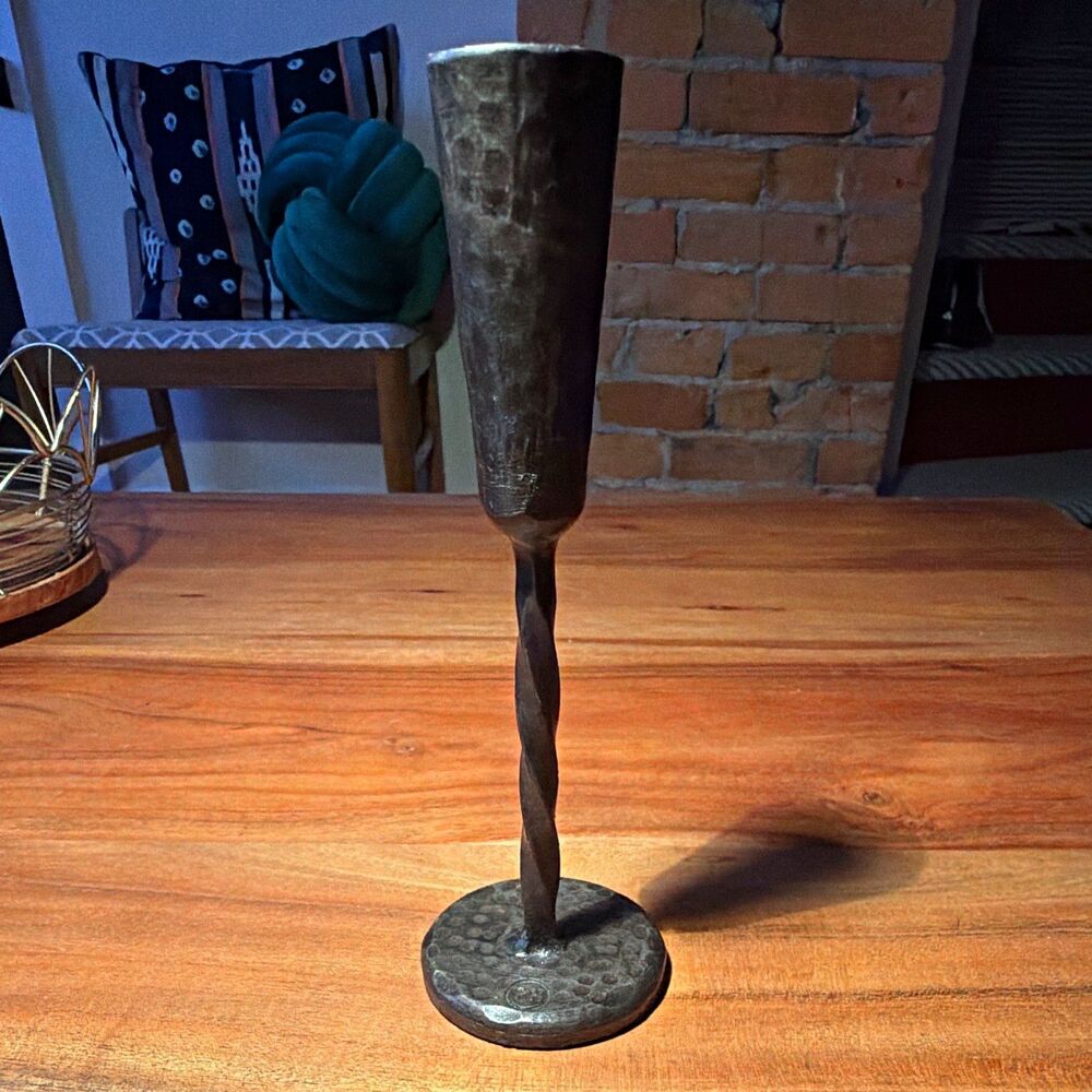 Plow and Hearth Hammered Metal Taper Candle Holder Round Base Twisted Stem 8"